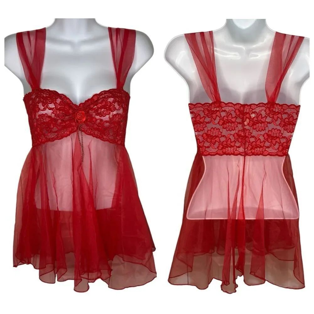 Vintage Frederick’s Of Hollywood Sheer Red Lace Babydoll Lingerie Size Medium